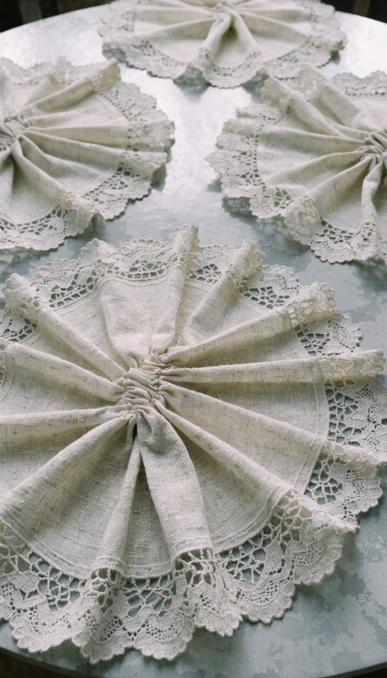 Close-up lace edge placemats on pale gray table