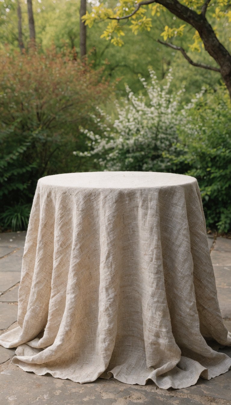 Linen tablecloth with subtle wrinkles, soft spring lighting