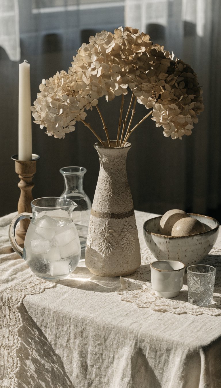 Neutral-toned table setup, lace accents, linen texture