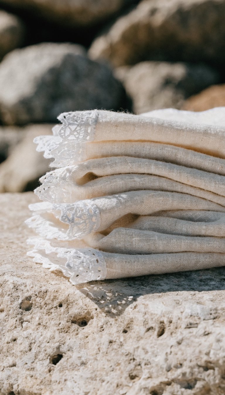 Oyster linen napkins folded with lace detail