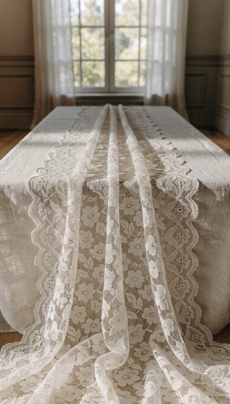 Delicate lace runner over linen table, soft natural light