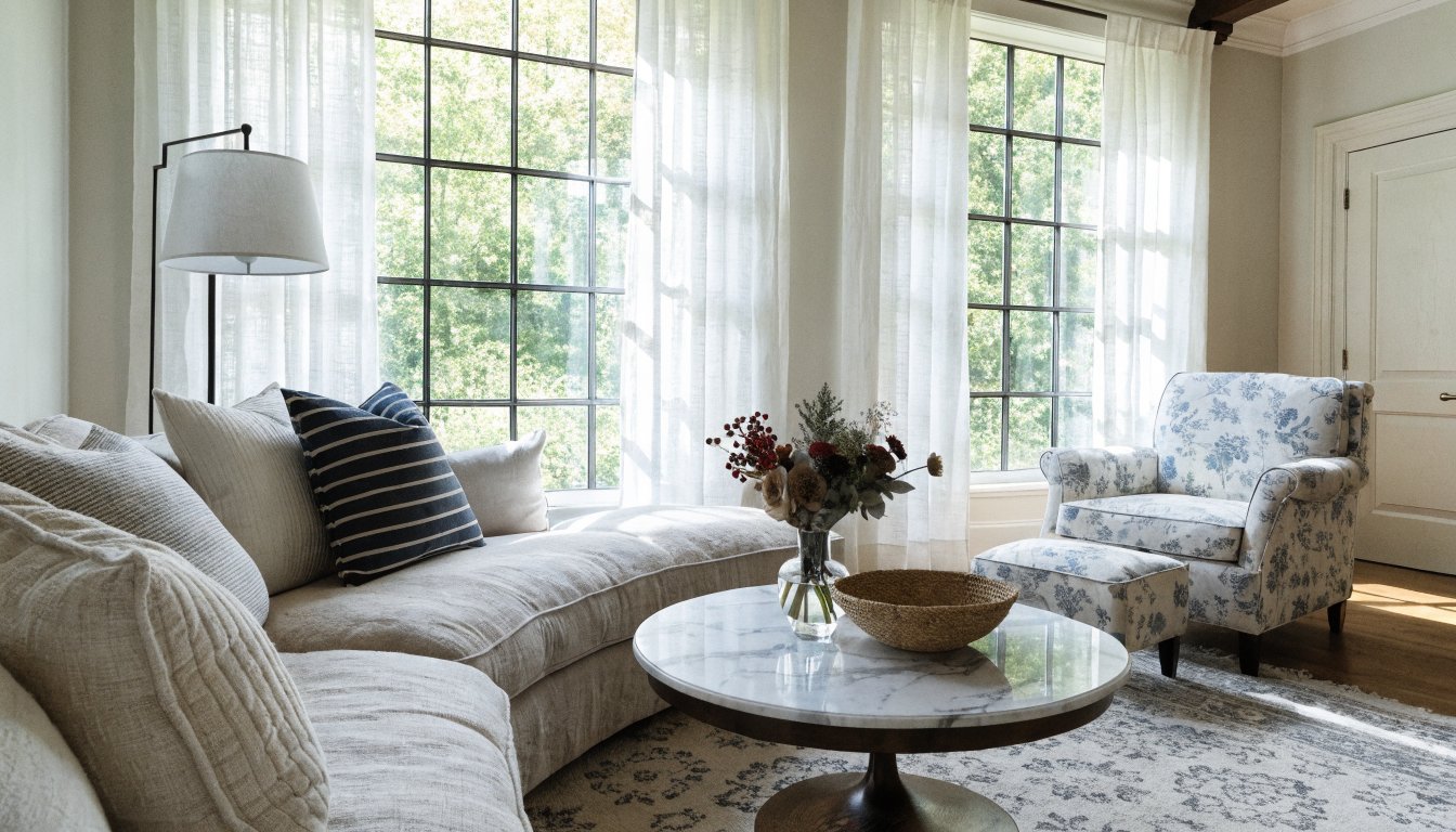 Bright living room with sheer curtains and airy sunlight