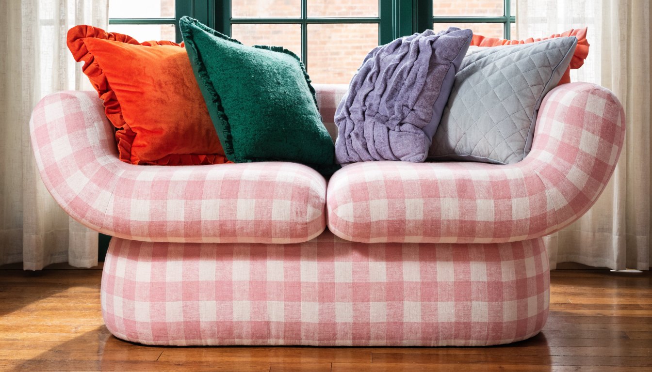 Quirky pastel sofa with colorful throw cushions