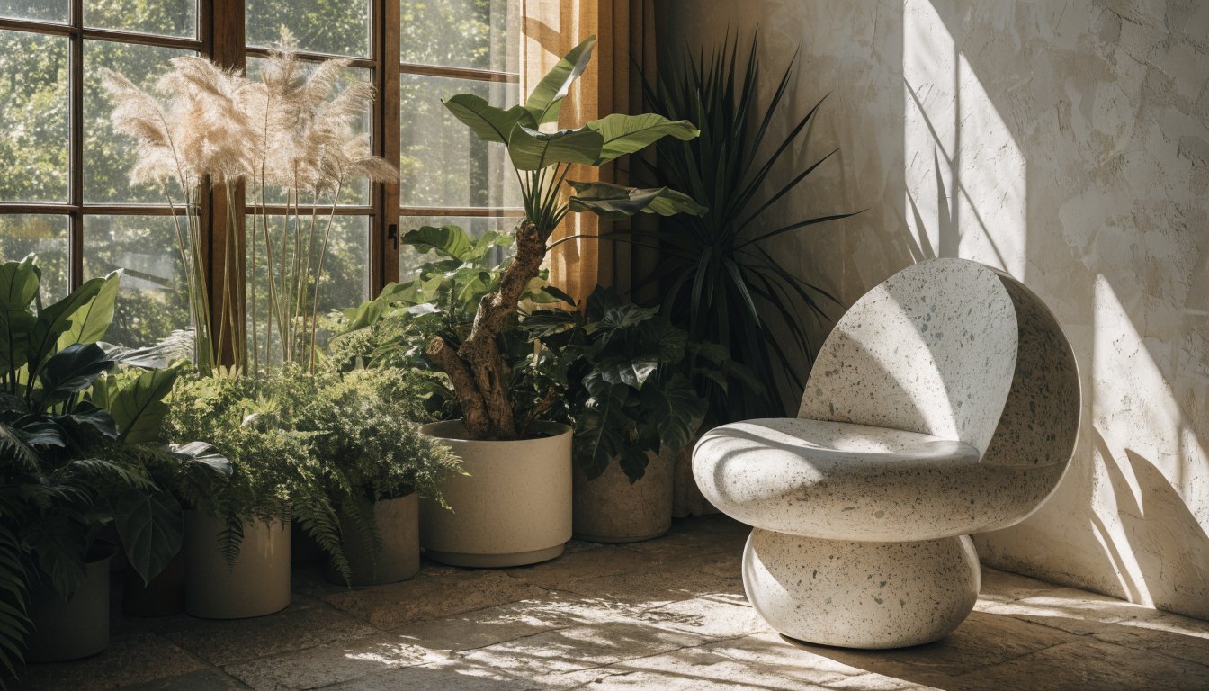 Sunlit corner featuring tall greenery and minimalist chair