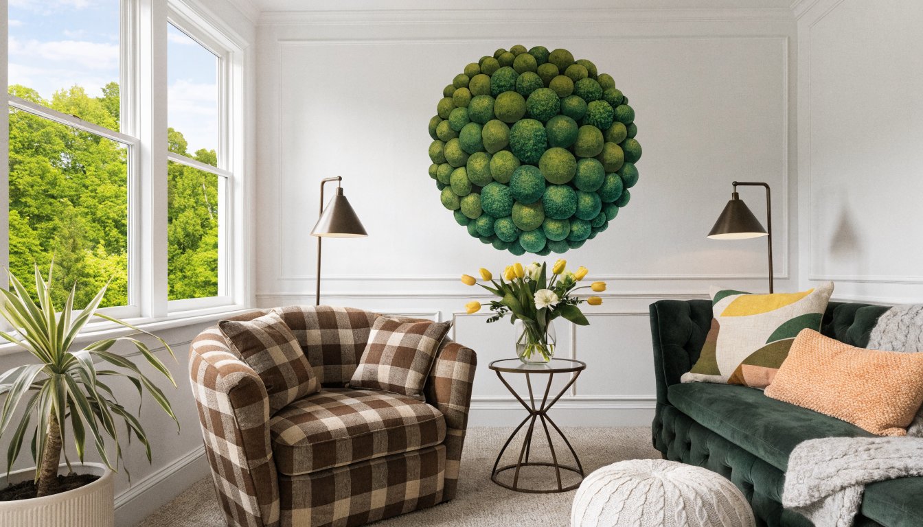 White walls, bold spring decal, cozy reading nook