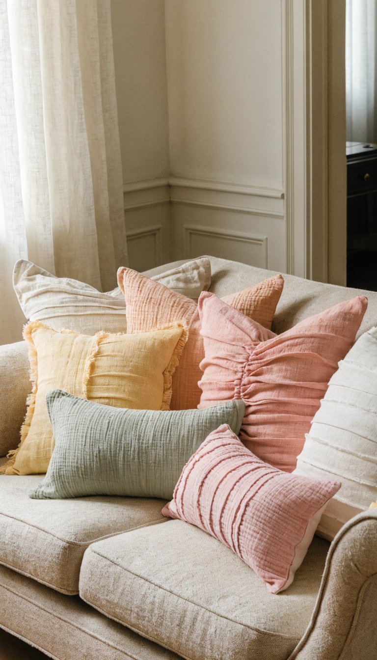 **Pastel linen throw pillows on a neutral sofa**