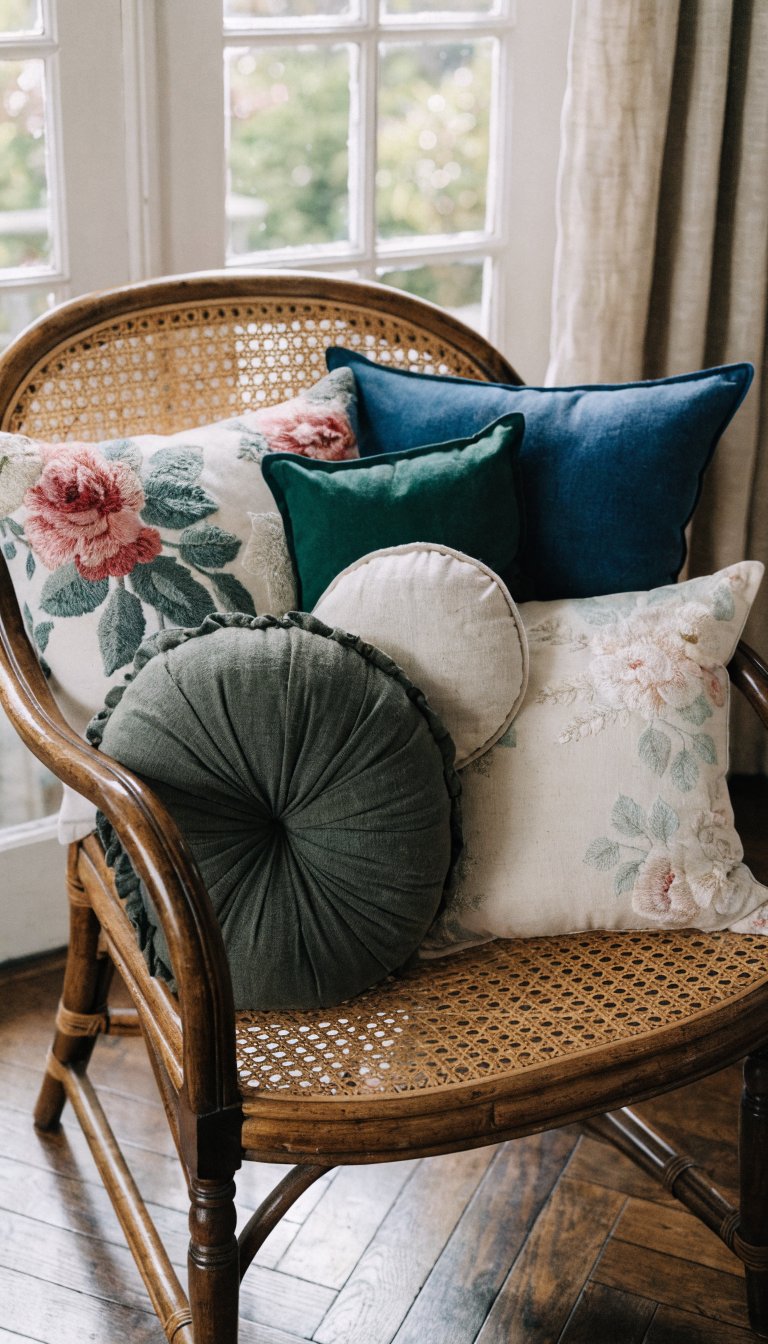 **Mixed floral and solid pillows on a rattan chair**