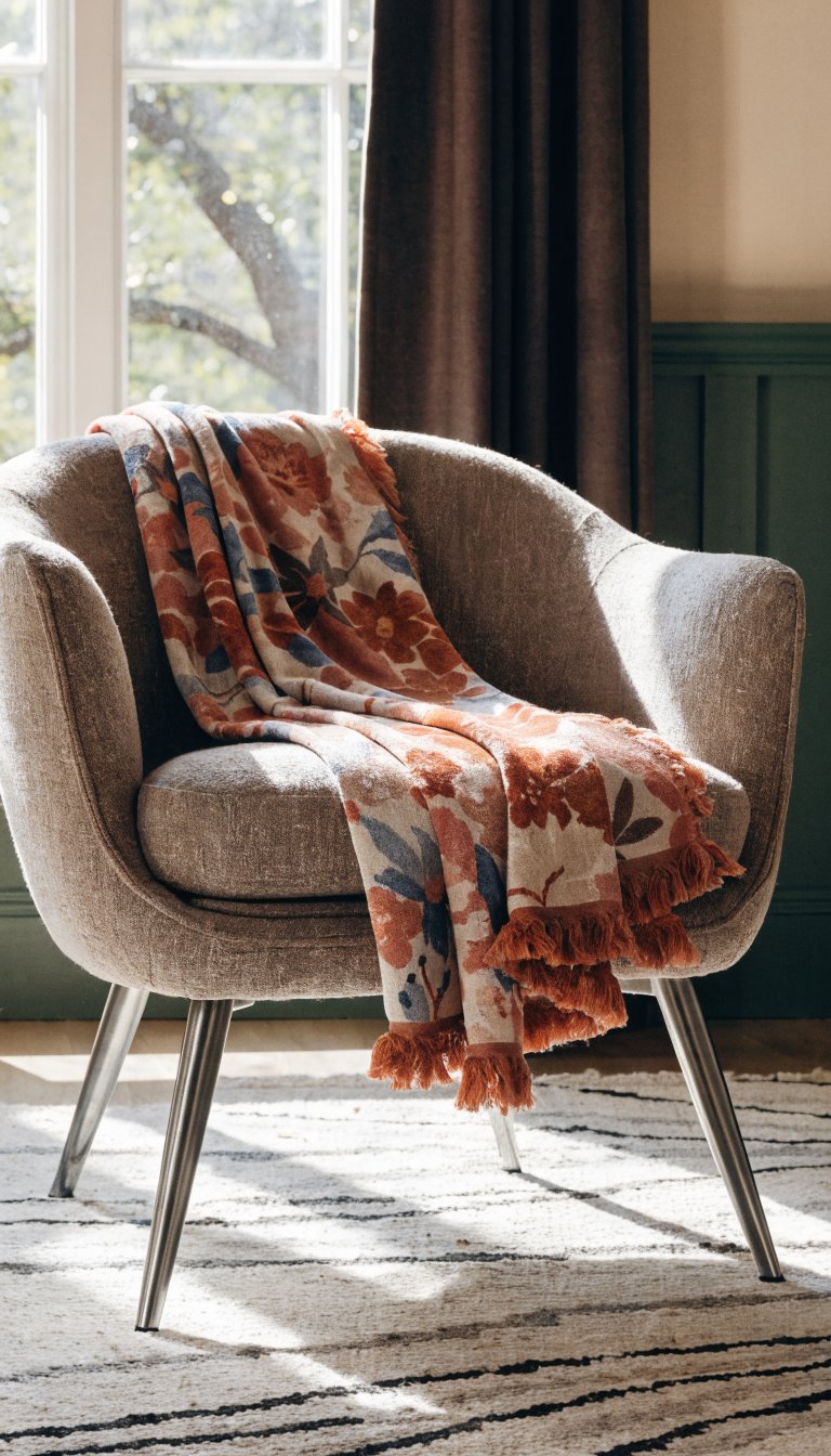 **Lightweight velvet throw draped over a modern armchair**