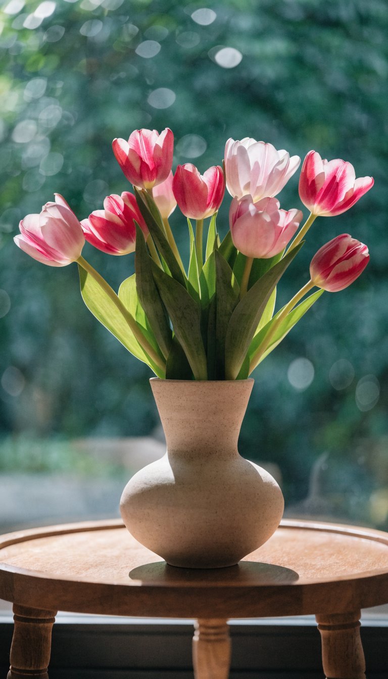 **Minimalist ceramic vase with fresh tulips on a side table**