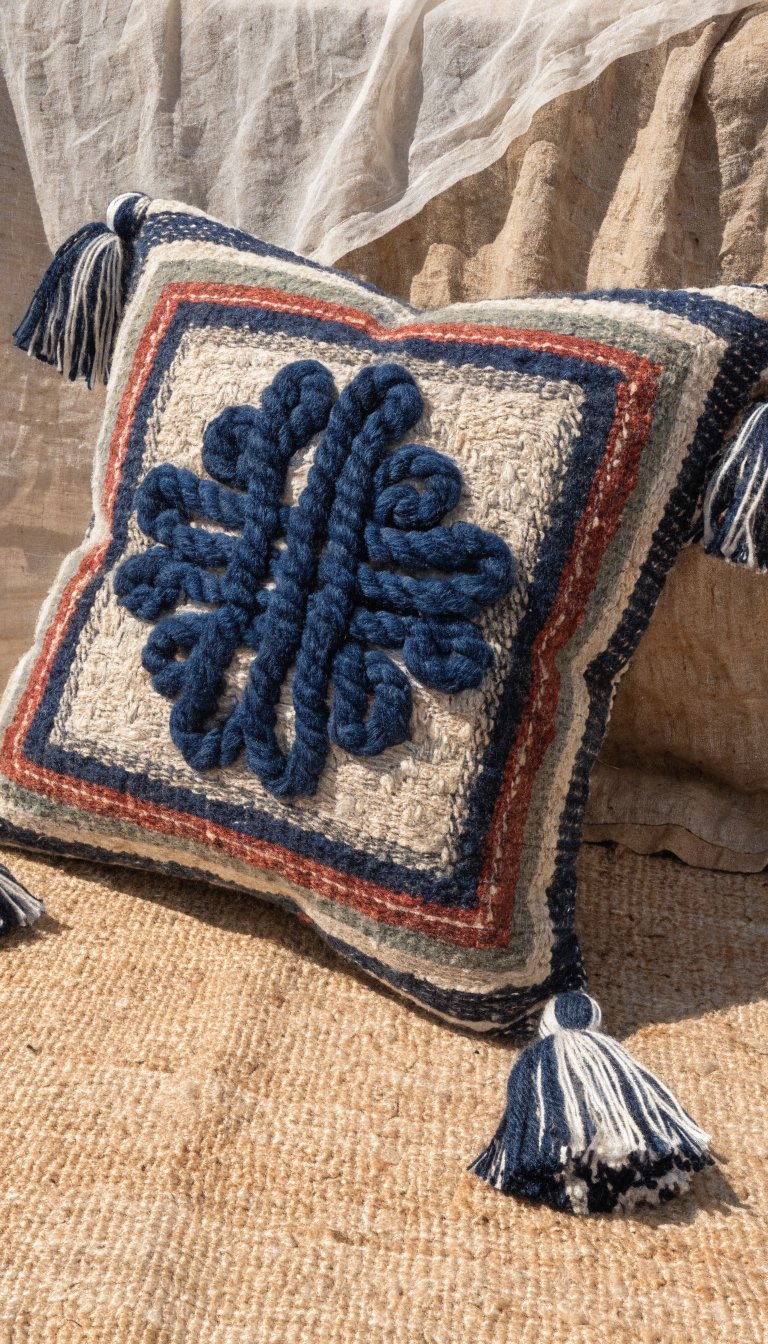 **Close-up of textured woven pillow with tassel details**