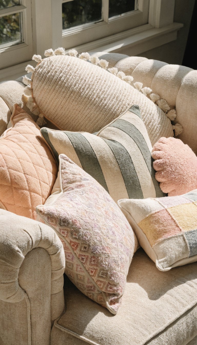 **Pastel throw pillows on neutral sofa**