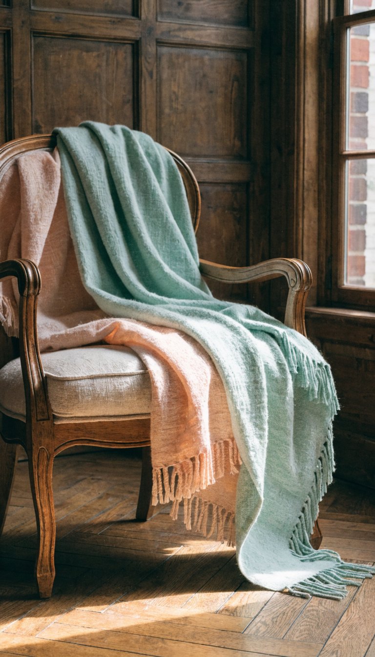 **Soft peach and mint throw blankets draped over armchair**