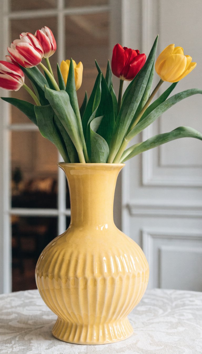 **Buttery yellow ceramic vase with fresh tulips**