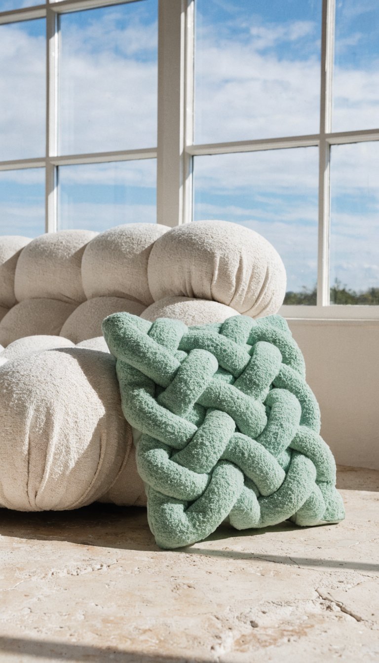 **Mint green accent pillow beside white couch**