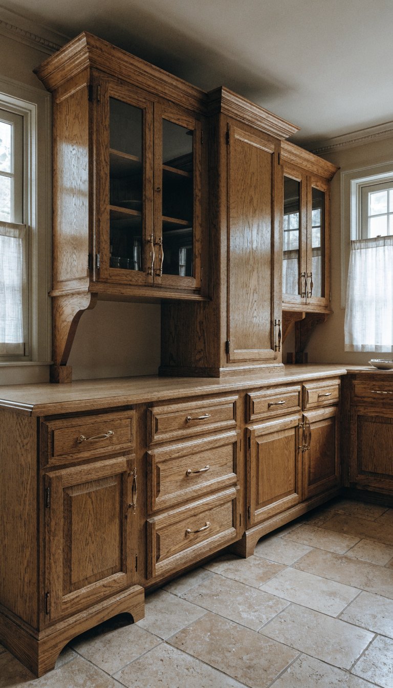Outdated 1990s oak cabinets with brass hardware