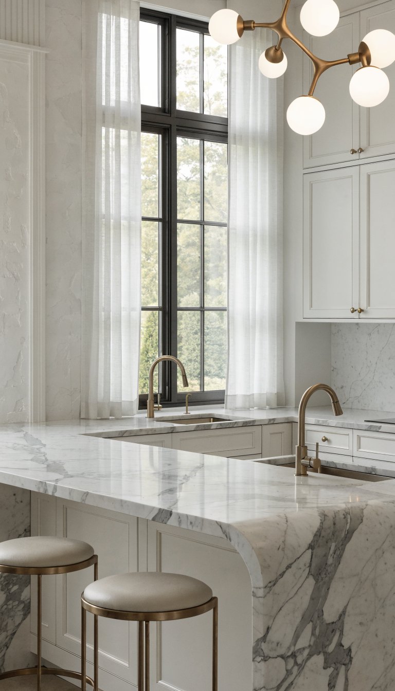 Clean marble countertops in contemporary white kitchen