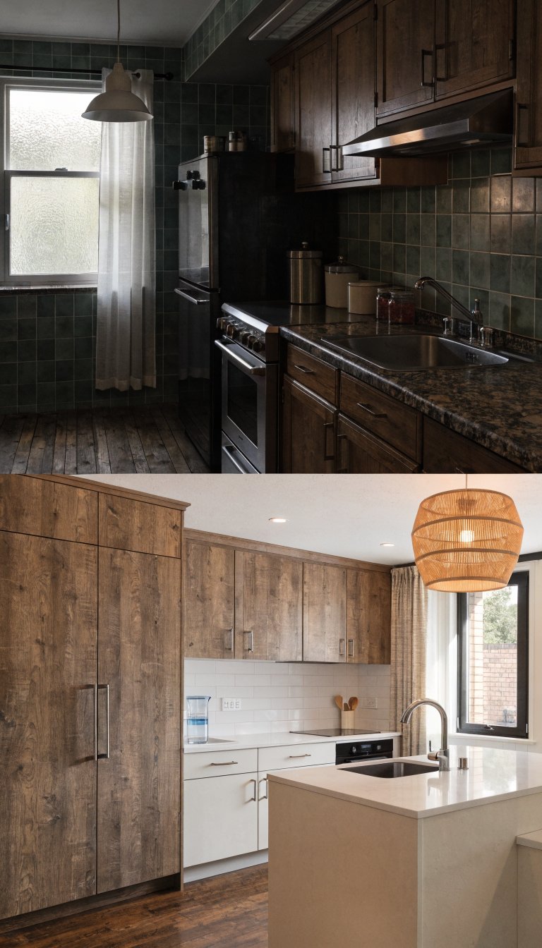 Before after split showing cramped outdated kitchen transformation