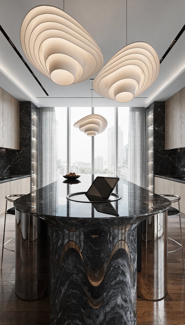 Modern kitchen island with built-in tablet charging station