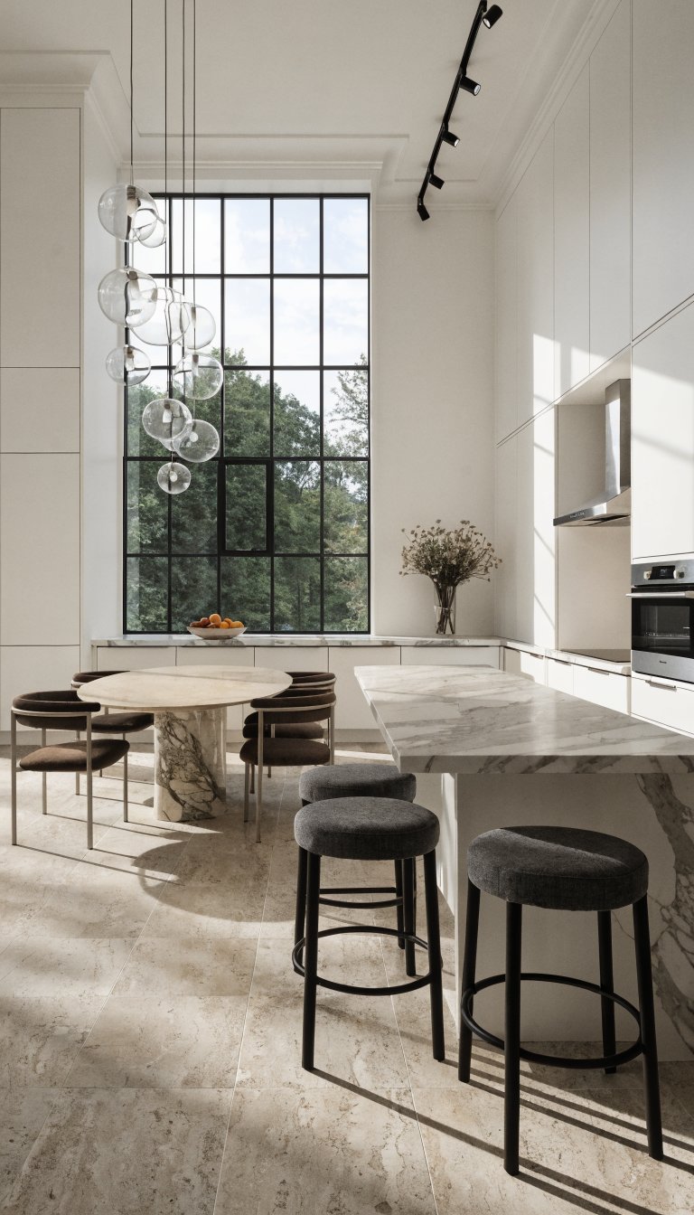 Bright open-concept kitchen with handleless white cabinets