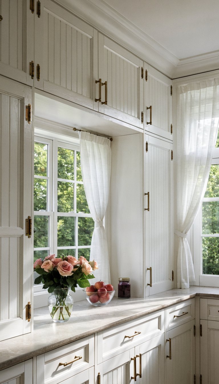 White beadboard kitchen cabinets with brass hardware