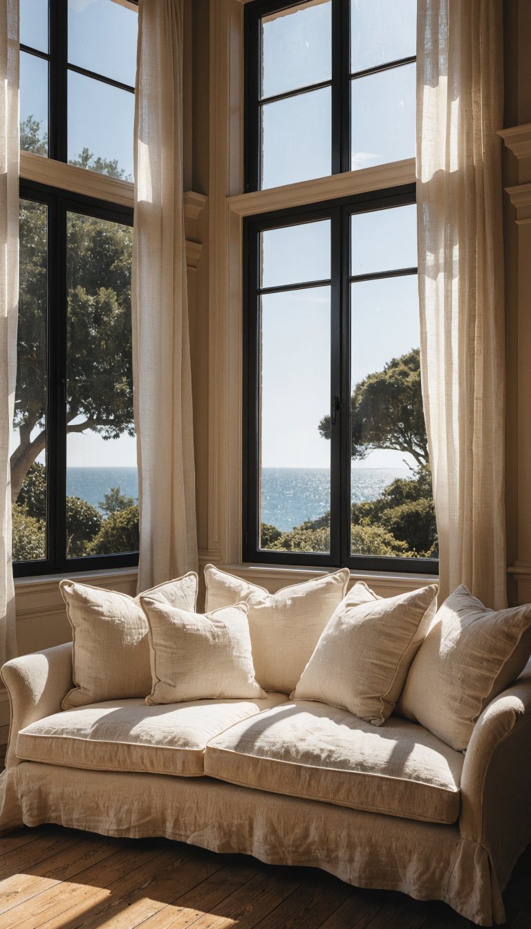 Cream linen sofa near large sunlit windows