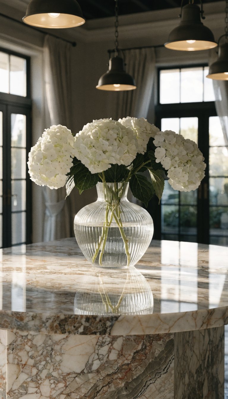 Marble kitchen island with fresh white hydrangeas