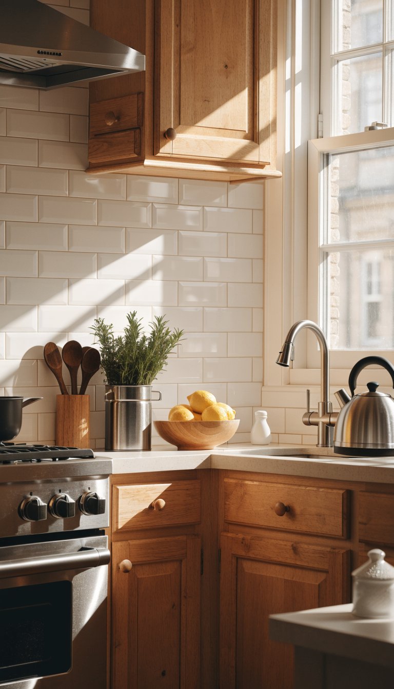 White subway tile backsplash in bright kitchen