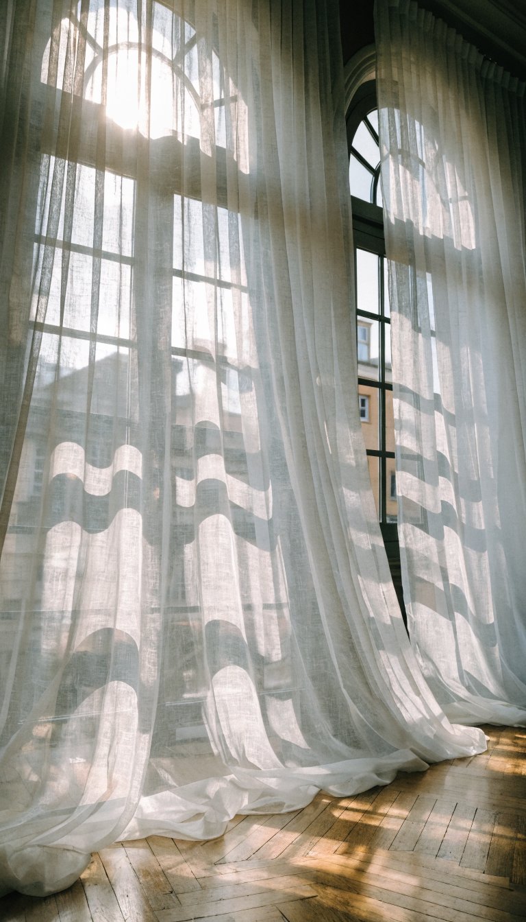 Natural light streaming through sheer white curtains