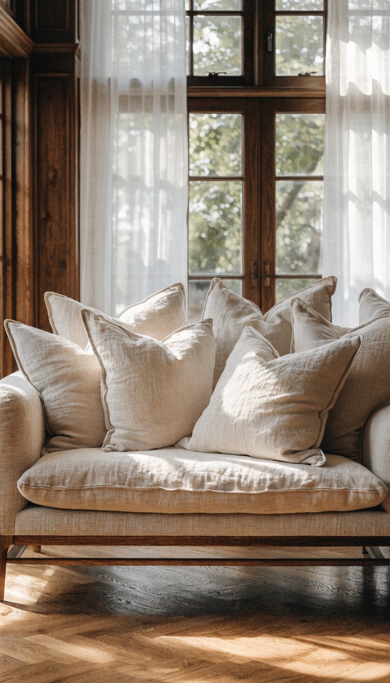 Beige linen sofa with cream throw pillows