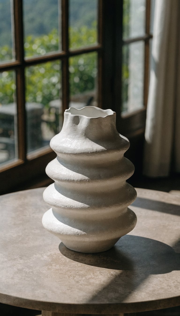 White ceramic vase on taupe coffee table
