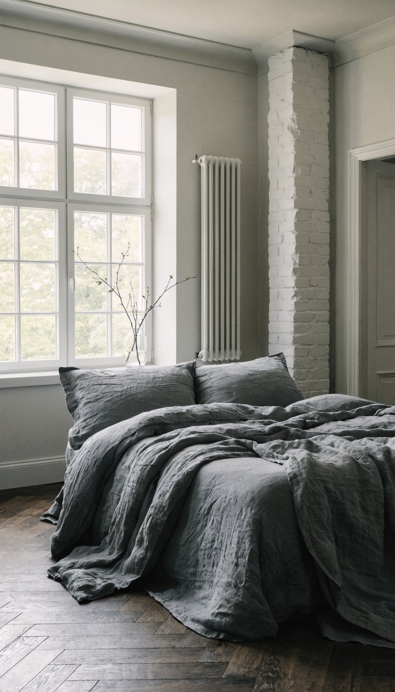 Minimalist bedroom with gray bedding and natural light