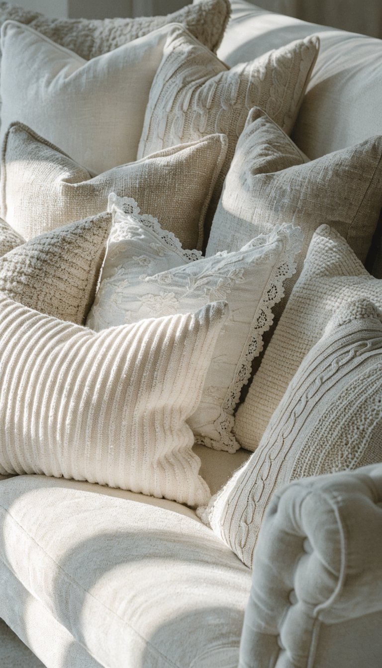 Soft neutral textured pillows on ivory couch