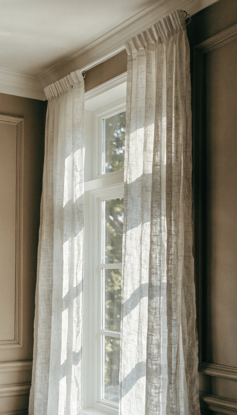 Warm taupe walls with simple white window curtains