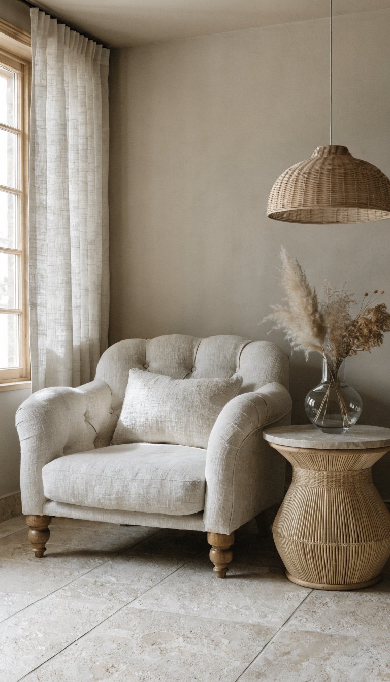 Modern living room corner in calming beige tones