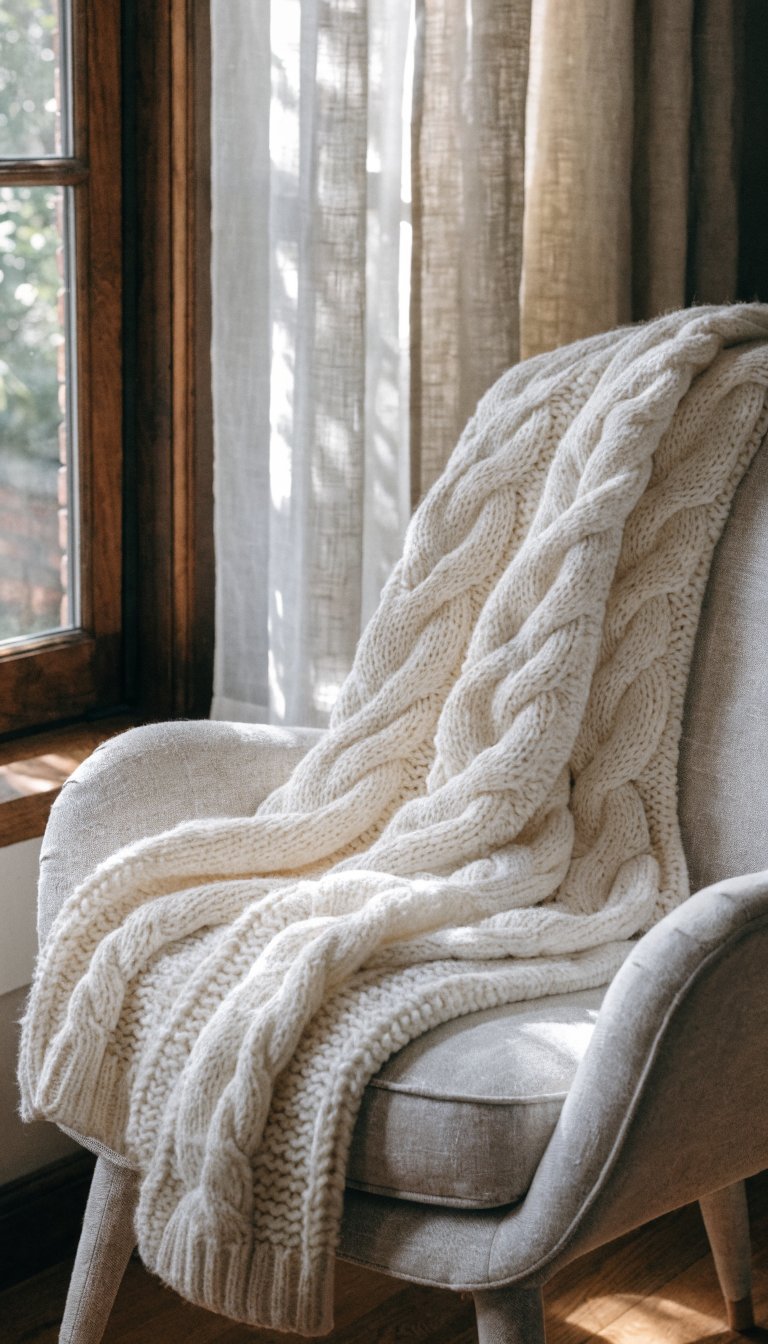 Cream knit blanket draped over neutral armchair