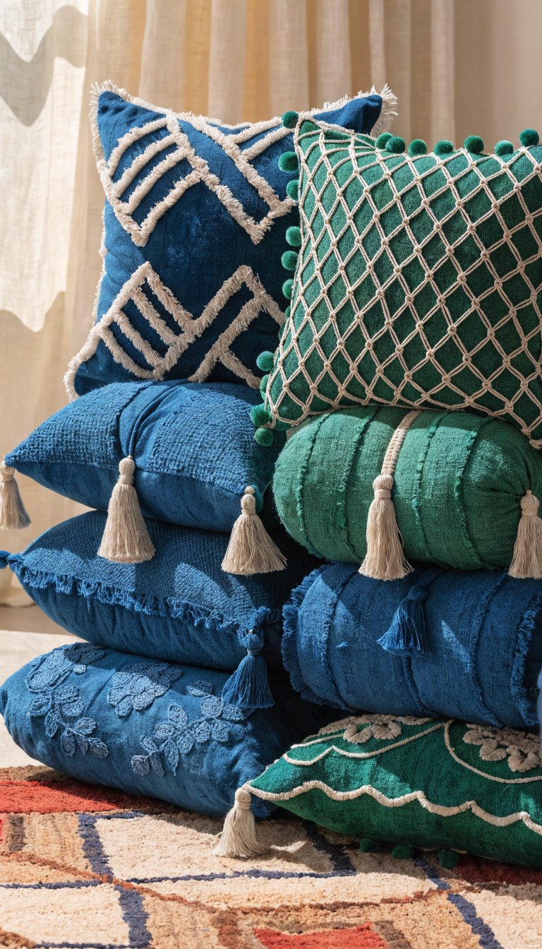 Sapphire blue and emerald green Moroccan cushions layered