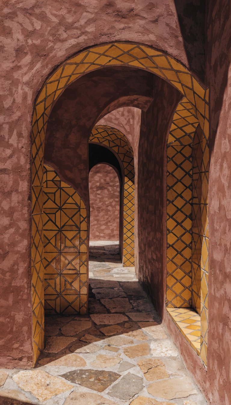 Terracotta wall with golden yellow geometric tile pattern