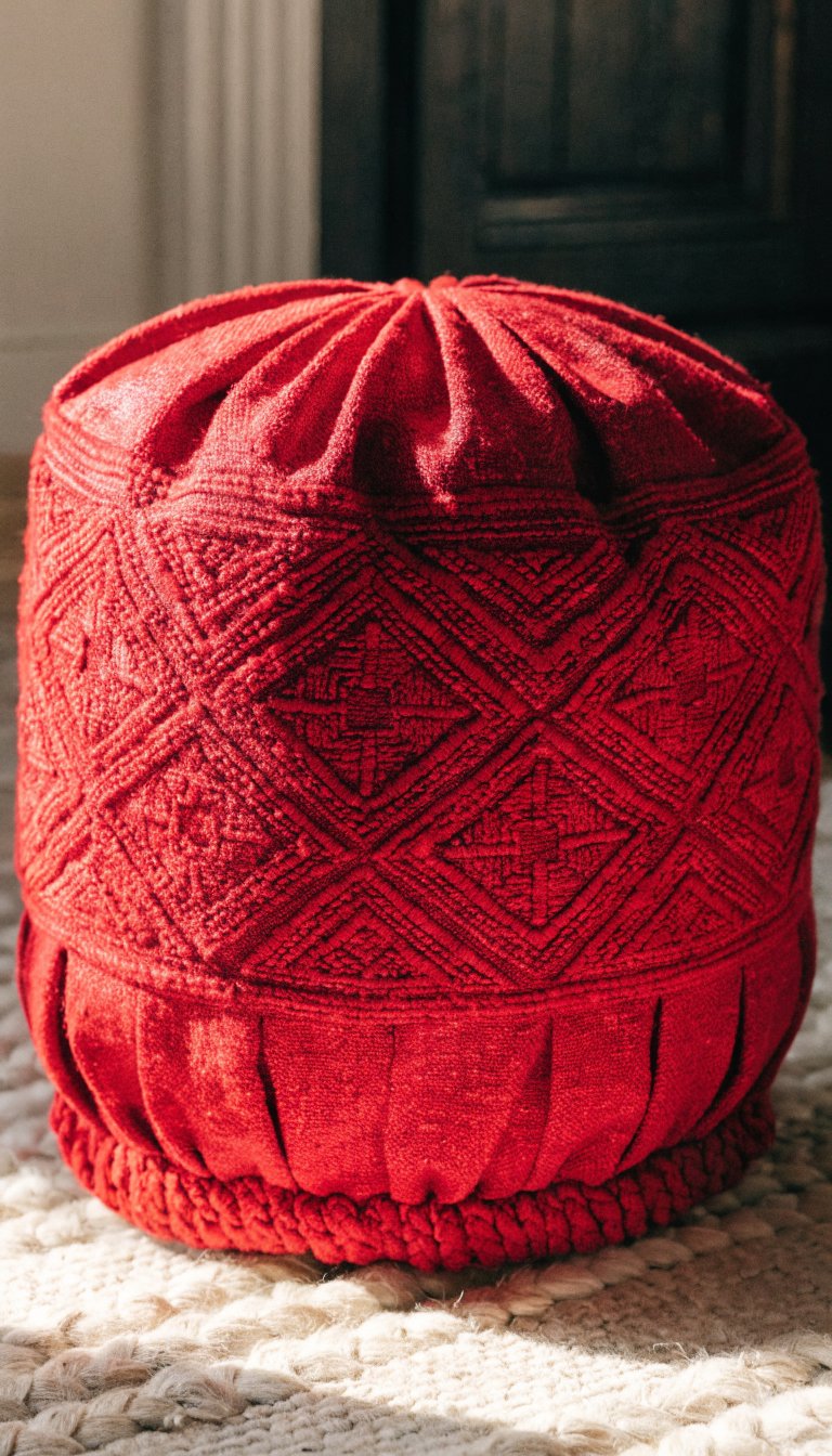 Ruby red Moroccan pouf on neutral cream rug