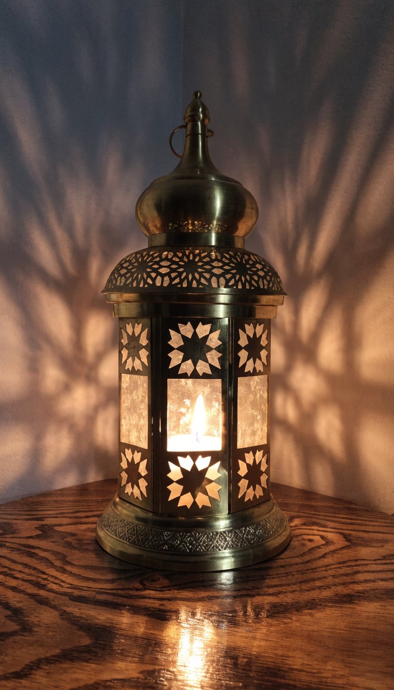 Intricate brass lantern casting patterned shadows on wall