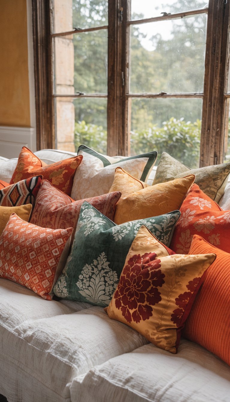 Jewel-toned pillows arranged on white linen sofa