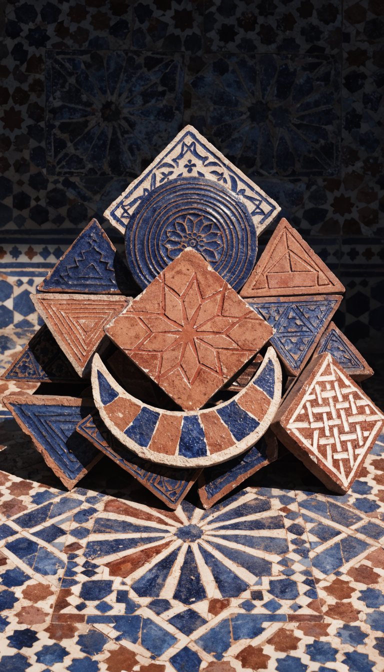Moroccan zellige tiles in deep blues and terracotta