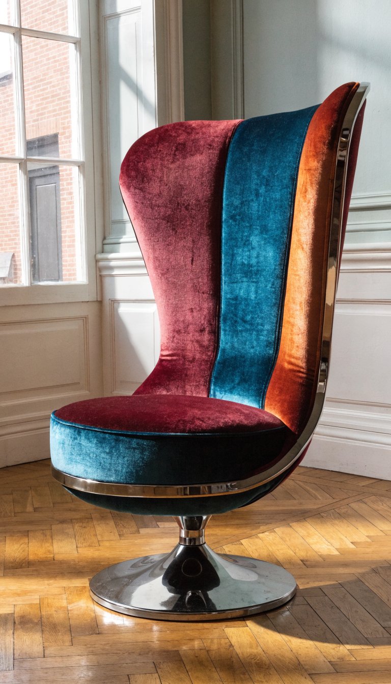 Mid-century modern chair with jewel-toned velvet upholstery