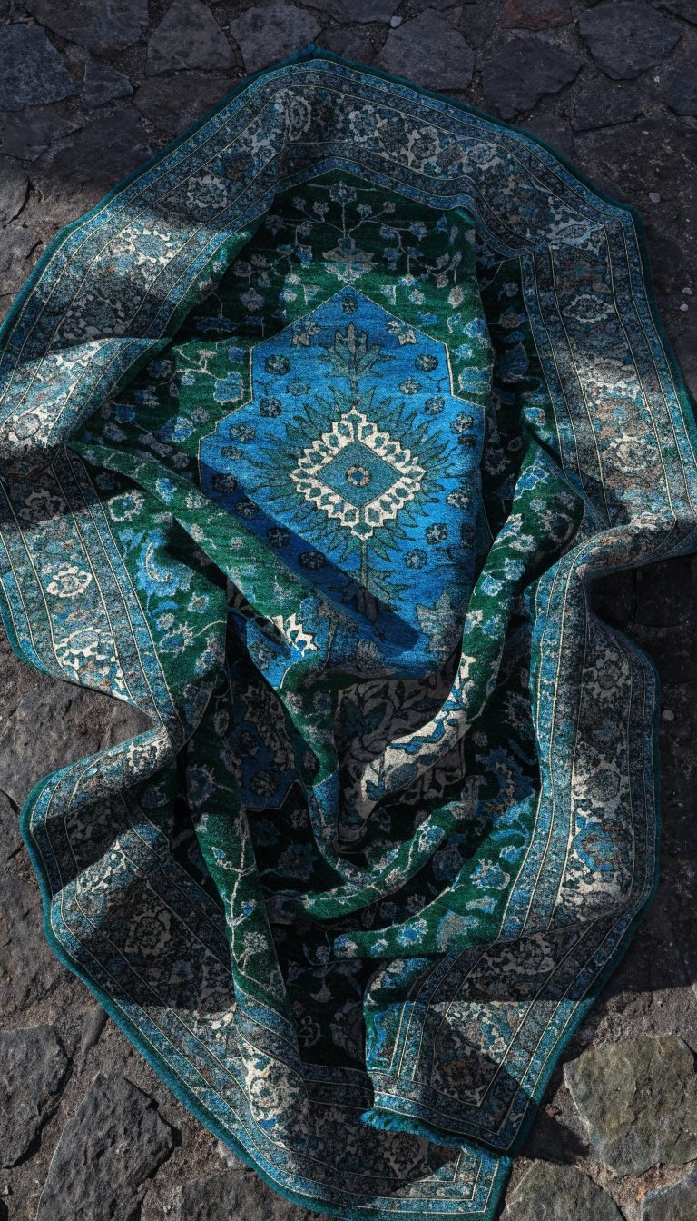 Vintage Persian rug with emerald and sapphire patterns