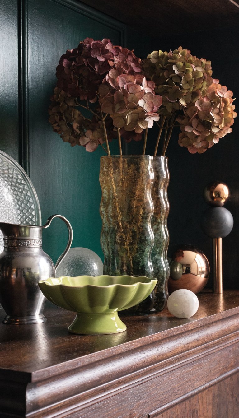 Curated shelf mixing vintage finds and modern decor