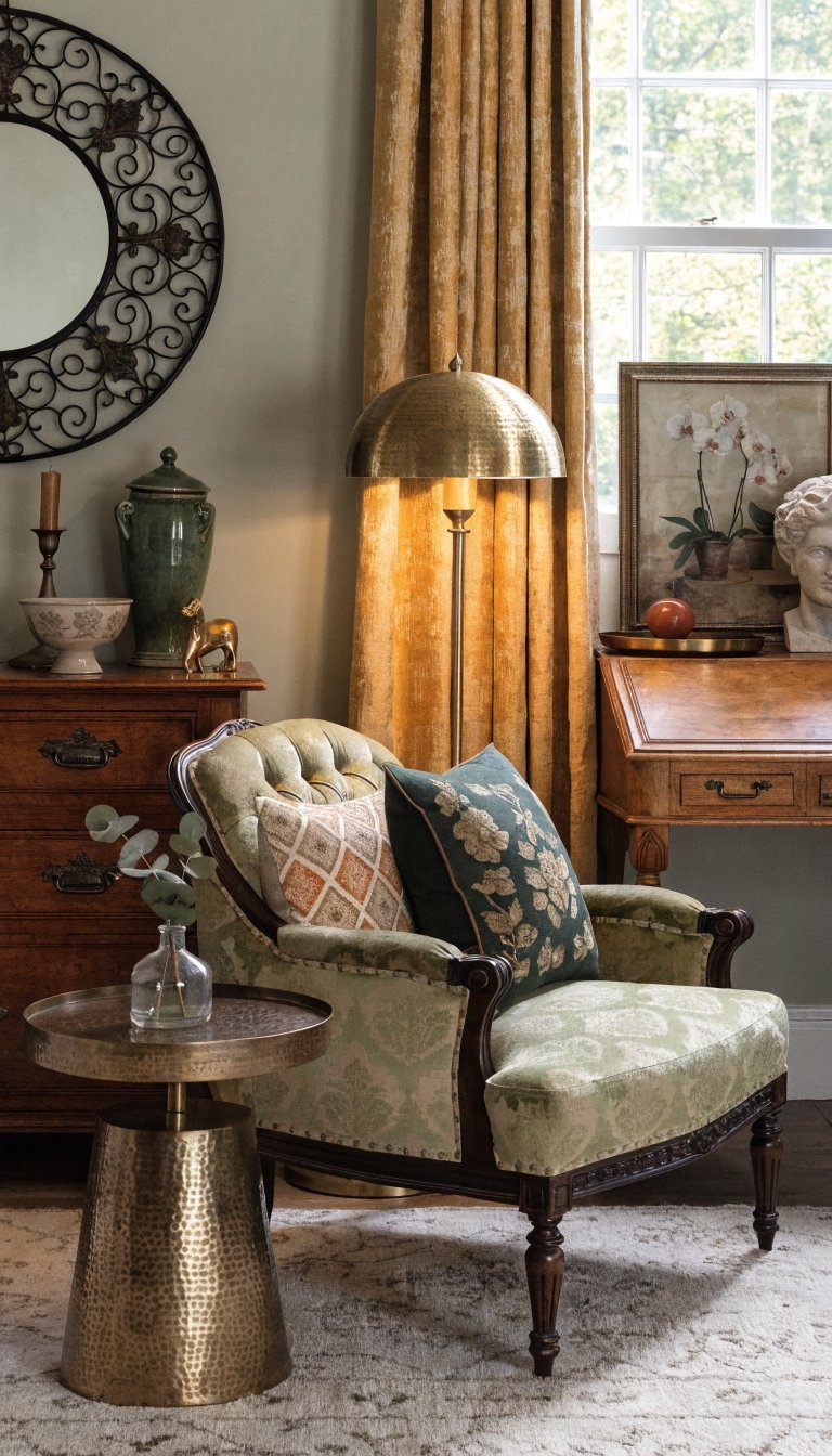 Eclectic living room corner with mixed era furniture