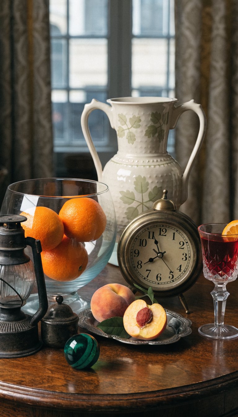 Thrift store vintage items artfully arranged on table
