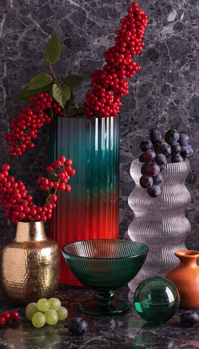 Color-coordinated decorative objects in jewel tones displayed together
