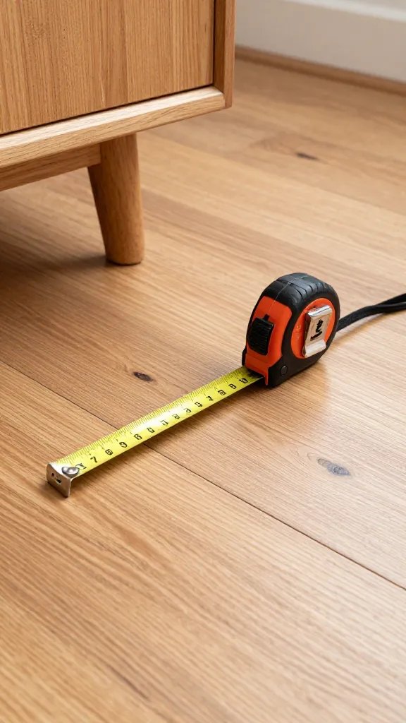 Tape measure on hardwood floor near furniture