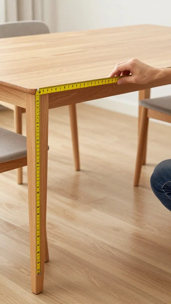 Person measuring clearance space around dining furniture