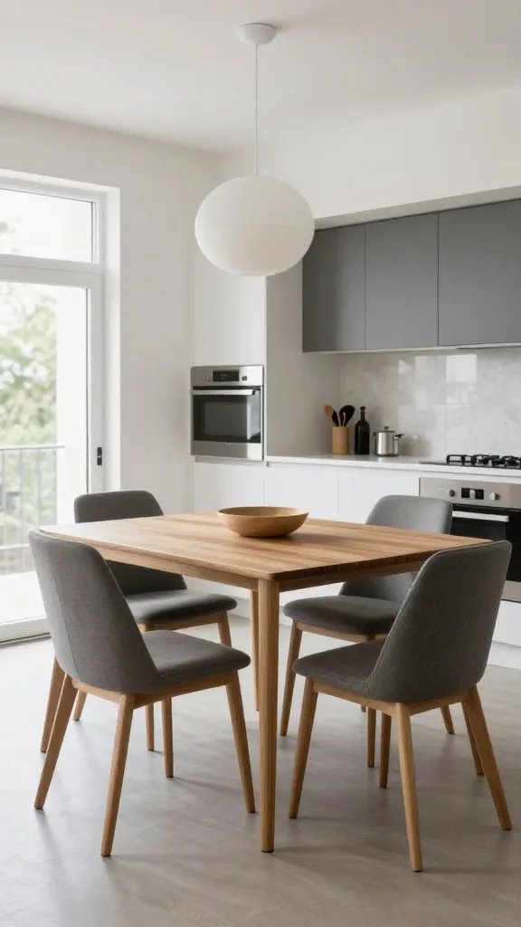 Dining table near kitchen in open floor plan